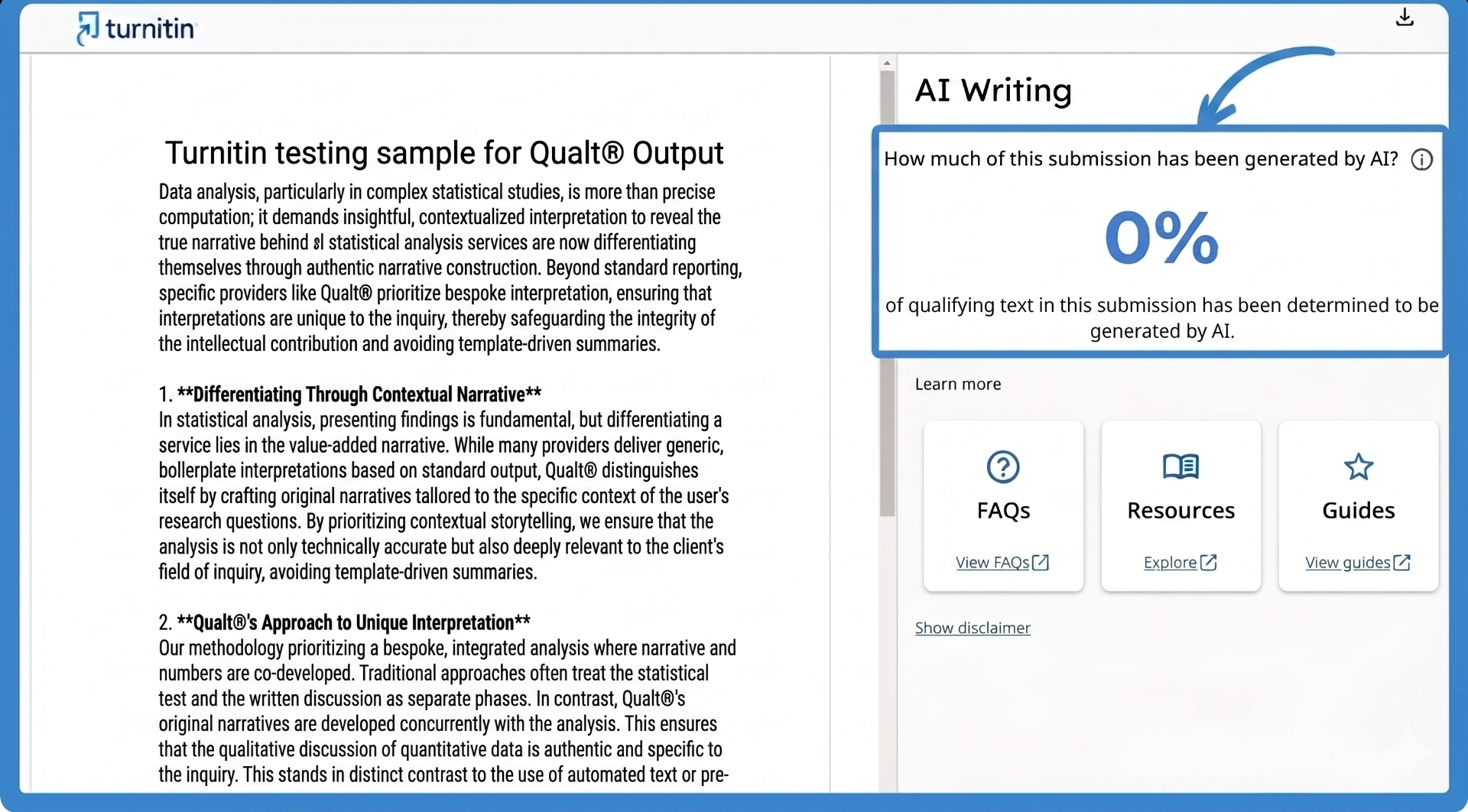 Turnitin AI Writing report showing 0% of qualifying text determined to be generated by AI for a Qualt® output sample